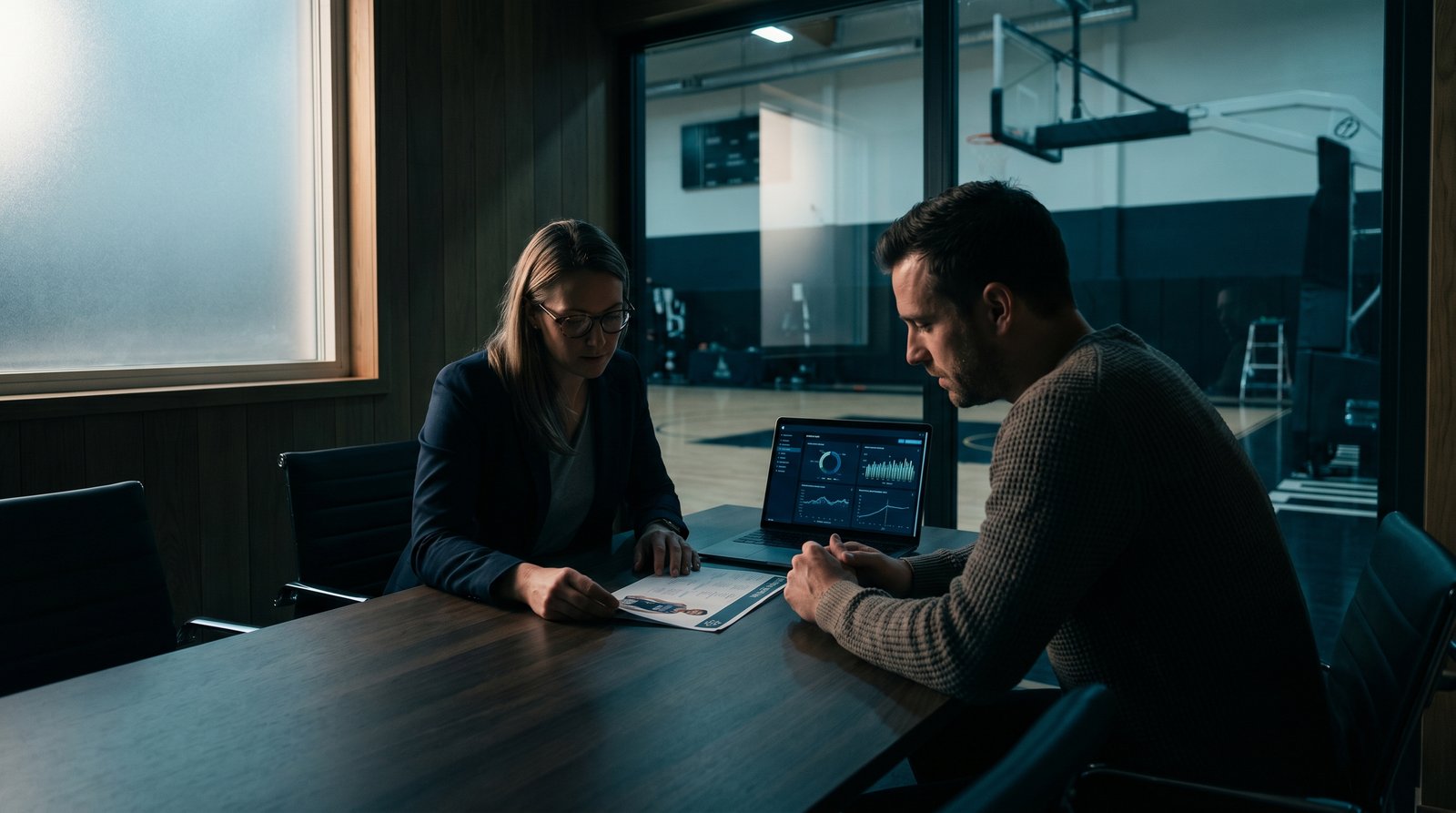 Two specialists reviewing an athlete profile, side-lit