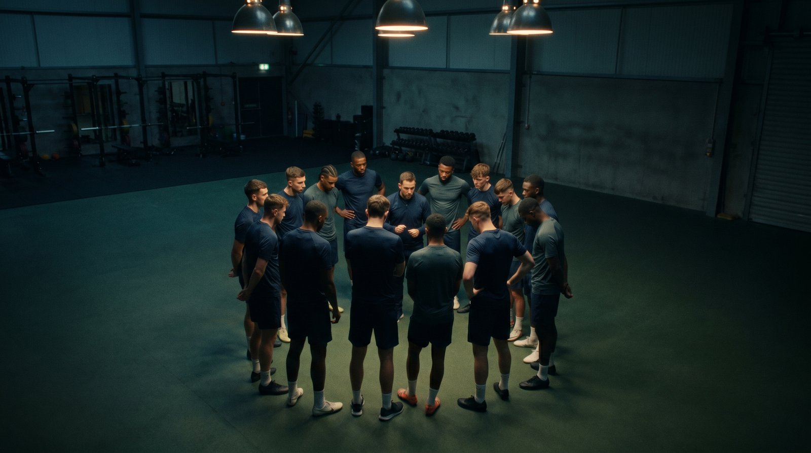 Team gathered together in training, overhead light